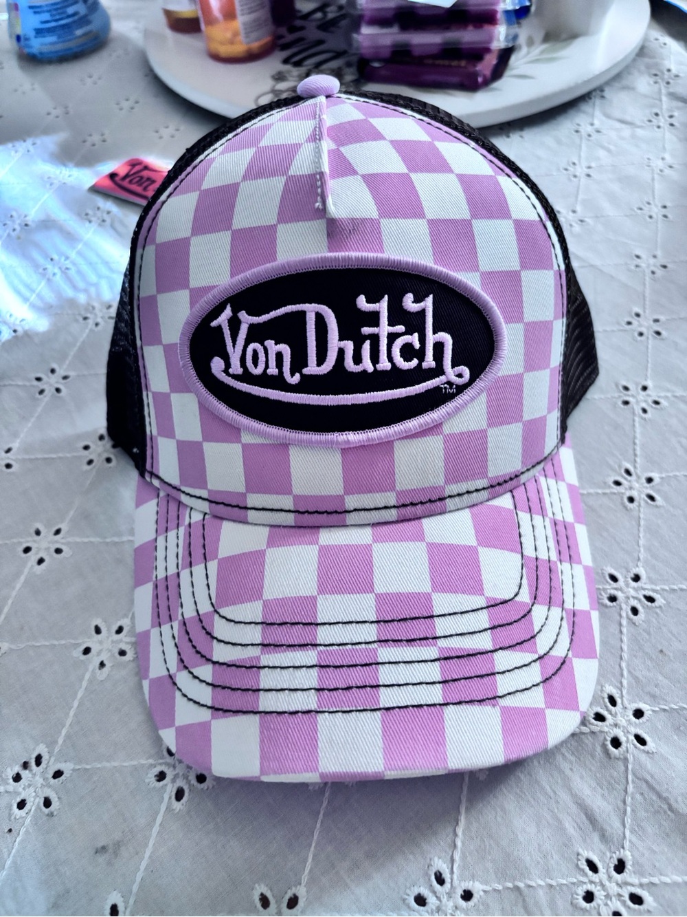 Von Dutch Checkered SnapBack Pink & White Check Trucker Hat